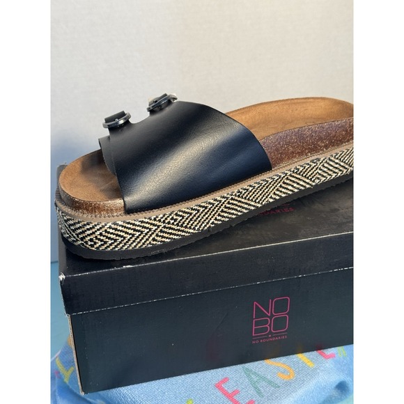 No Boundaries Shoes - NOBO Black Leather Slide Sandal with Woven Platform